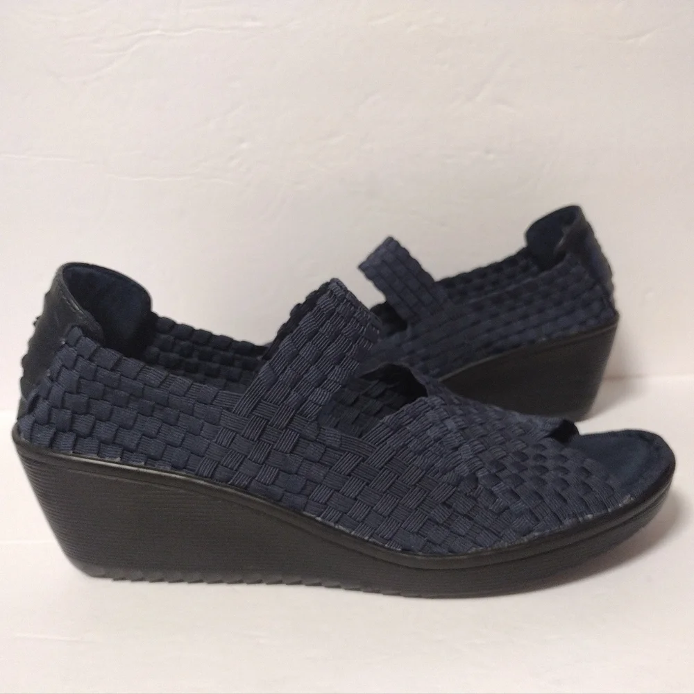 Baretraps Umma Women's Mary Jane Wedge Slip-On Woven Peep Toe Sandals Navy 10